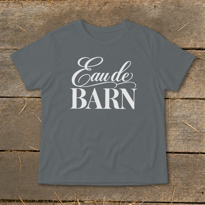 Grey t-shirt with white text "Eaude BARN"