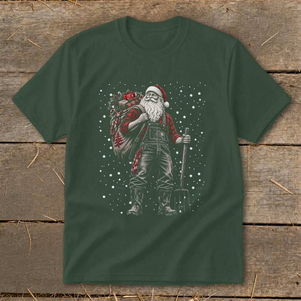 Farmer Santa with sack of gifts and pitchfork, surrounded by snow.