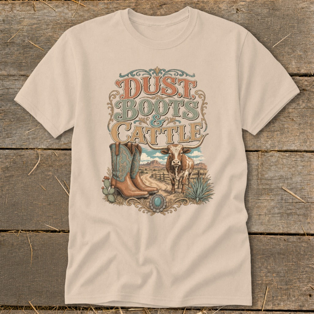 T-shirt graphic with "Dust Boots & Cattle" text, cowboy boots, longhorn, and desert landscape.