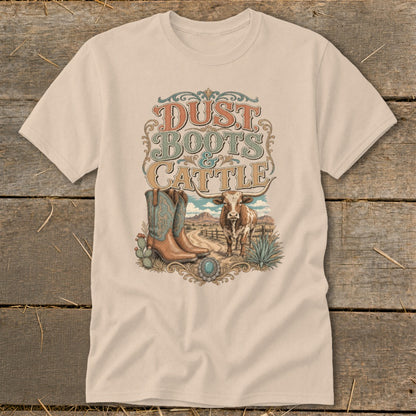 T-shirt graphic with "Dust Boots & Cattle" text, cowboy boots, longhorn, and desert landscape.