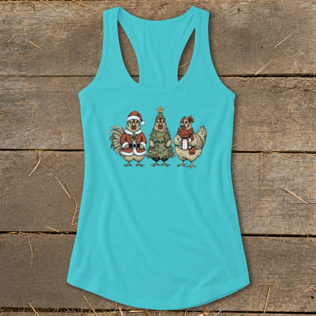 Teal tank top featuring three chickens in festive Christmas attire.