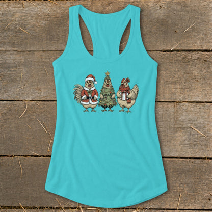 Teal tank top featuring three chickens in festive Christmas attire.