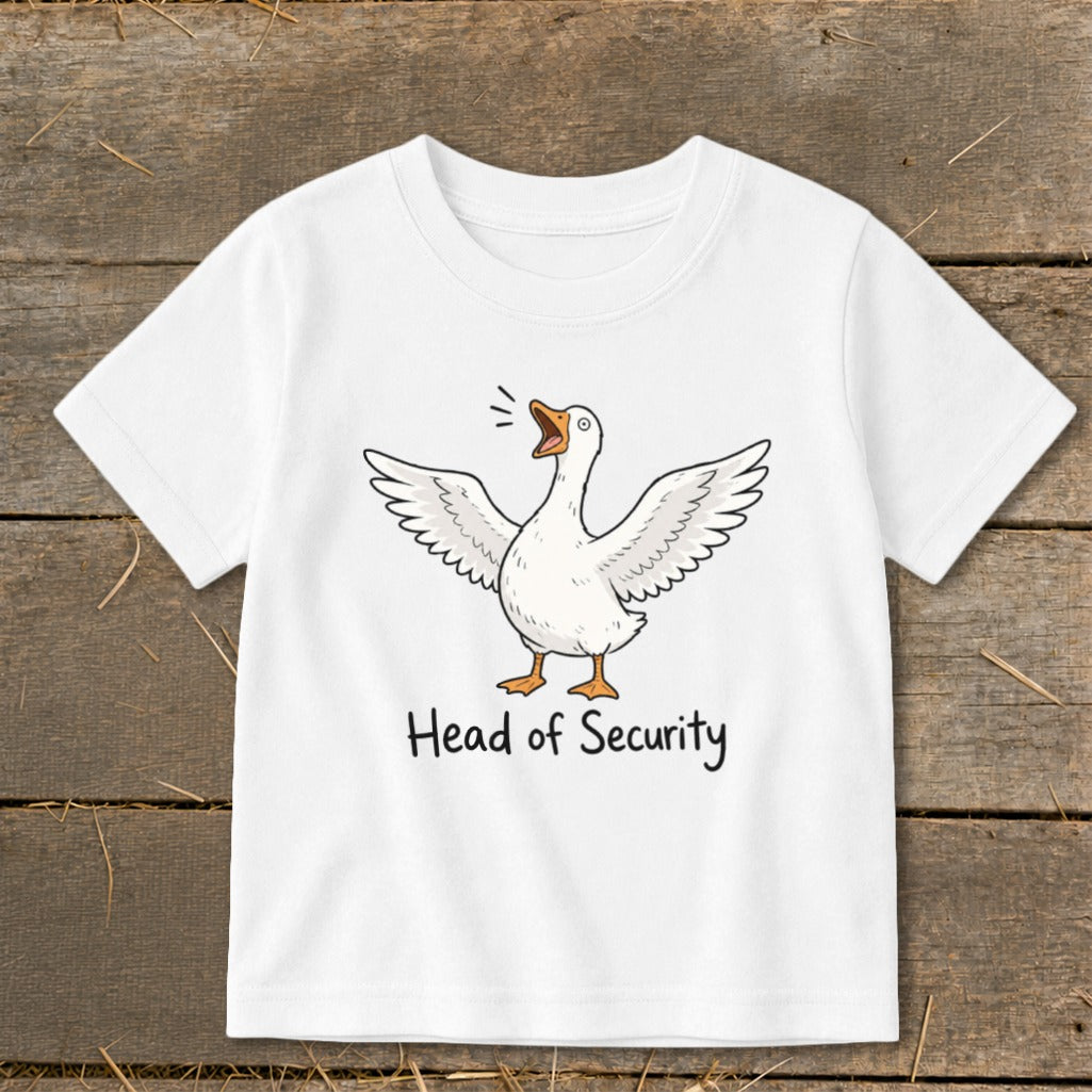 White t-shirt with cartoon goose and text "Head of Security".