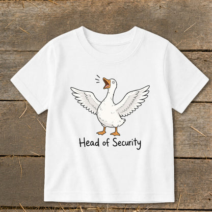White t-shirt with cartoon goose and text "Head of Security".