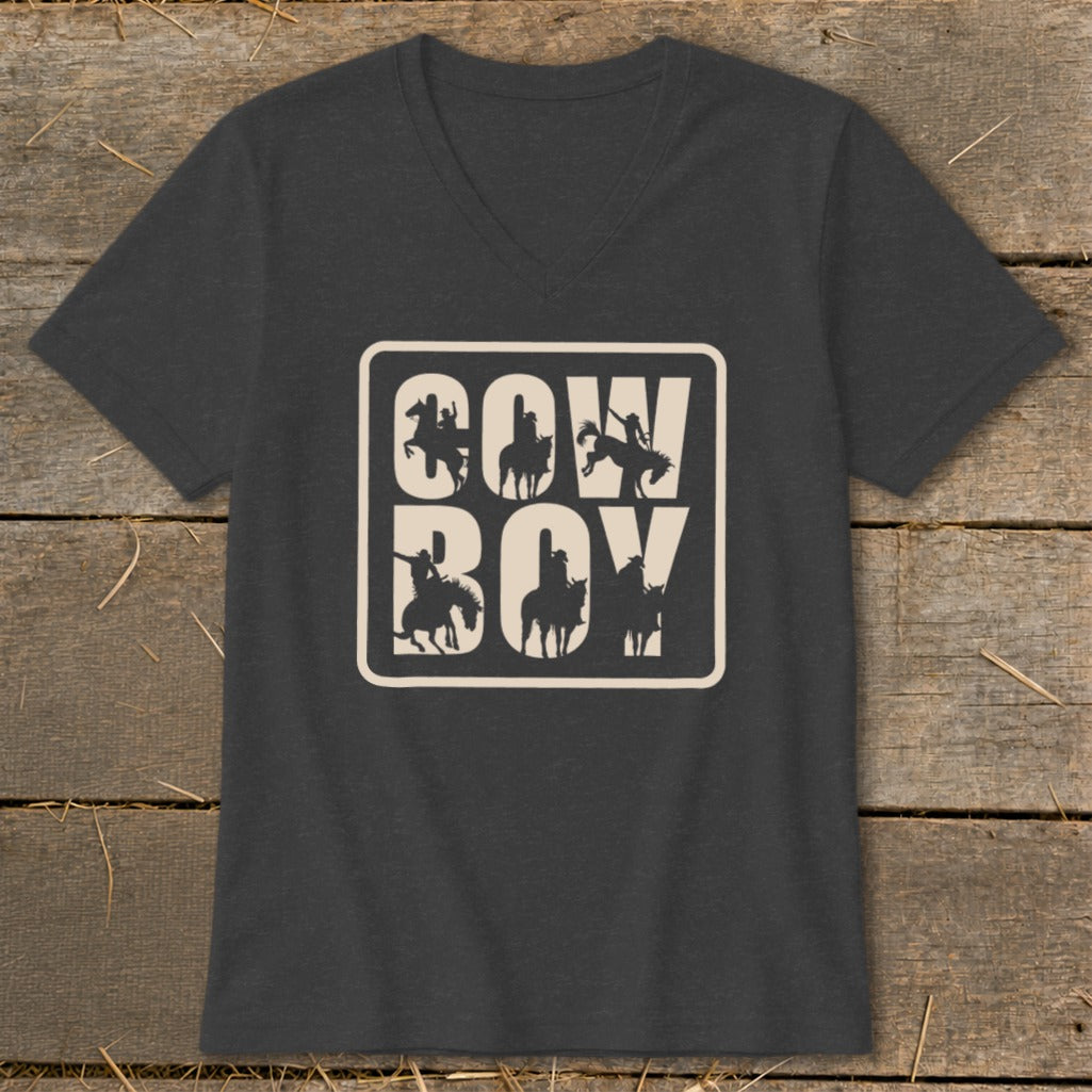 Dark grey t-shirt with cream text and cowboy silhouettes in a framed design.