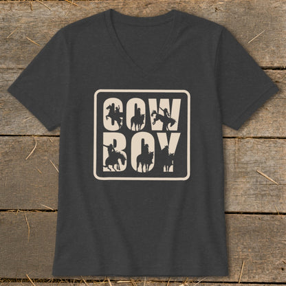 Dark grey t-shirt with cream text and cowboy silhouettes in a framed design.