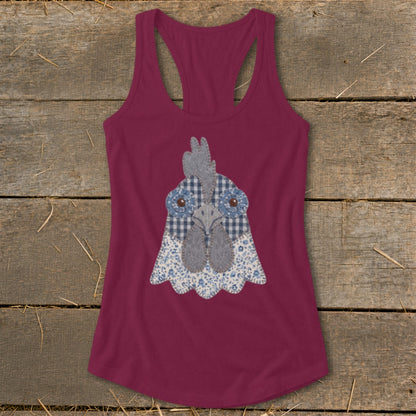 Burgundy tank top with a quilted chicken face applique in gingham and floral patterns.