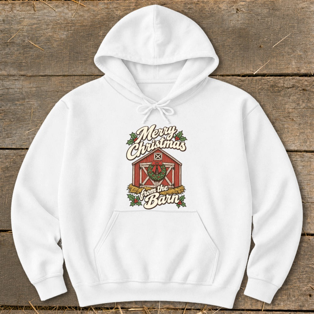 White hoodie with "Merry Christmas from the Barn" graphic featuring a red barn and wreath.