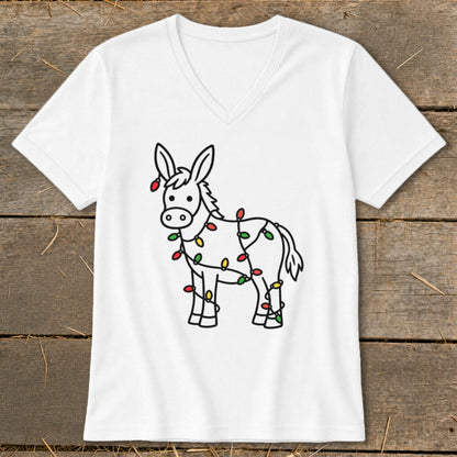 White t-shirt with a line drawing of a donkey wrapped in colorful Christmas lights.