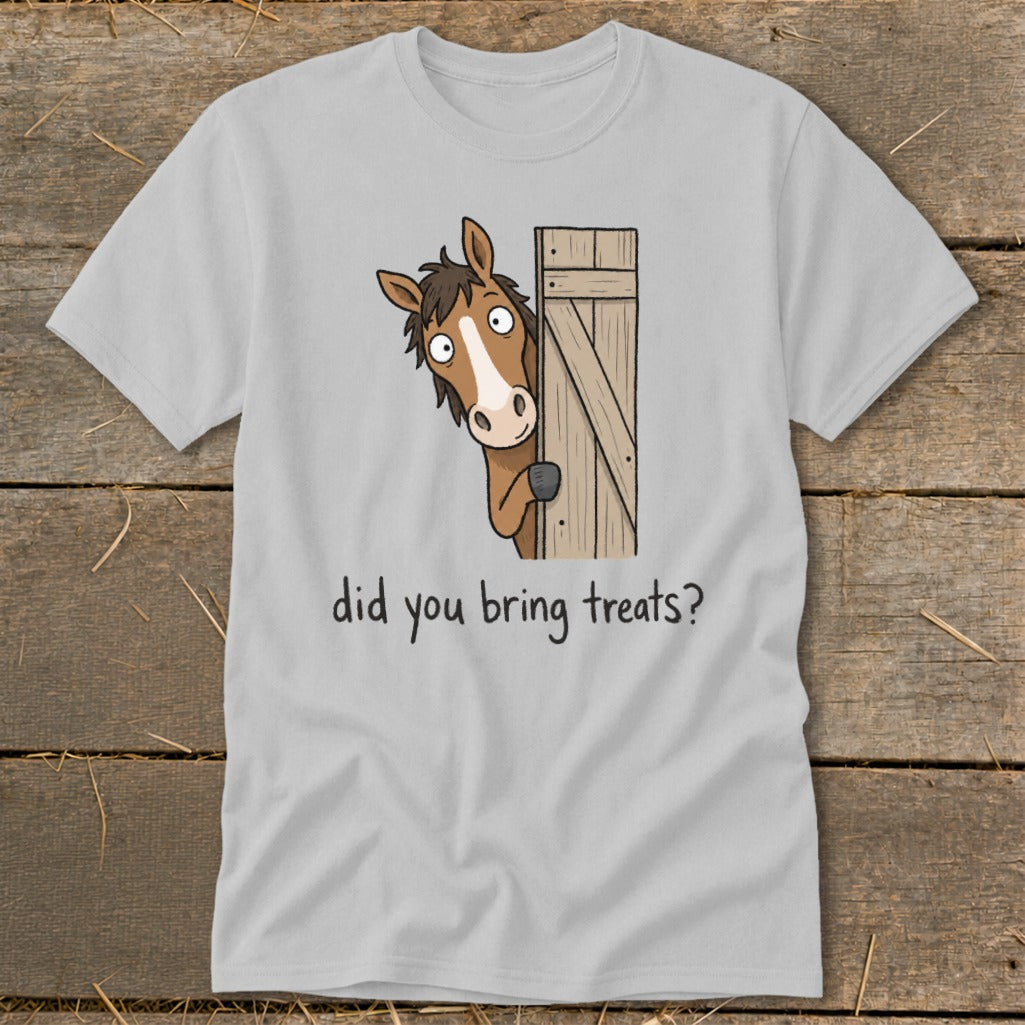 Gray t-shirt with cartoon horse peeking from behind a wooden door asking "did you bring treats?".