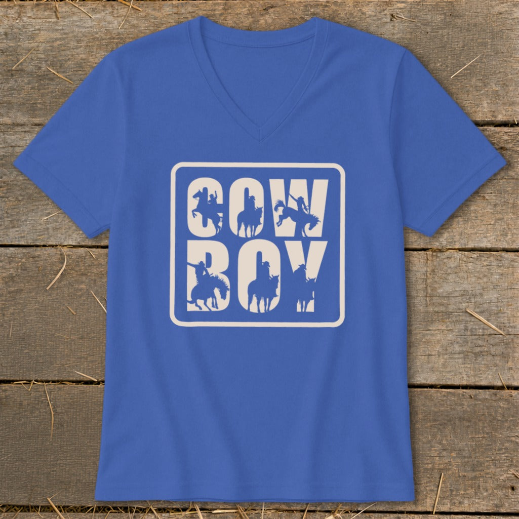 Blue t-shirt with white "COW BOY" text and cowboy silhouettes.