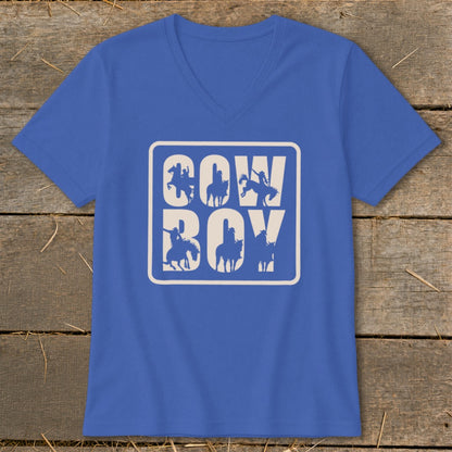 Blue t-shirt with white "COW BOY" text and cowboy silhouettes.