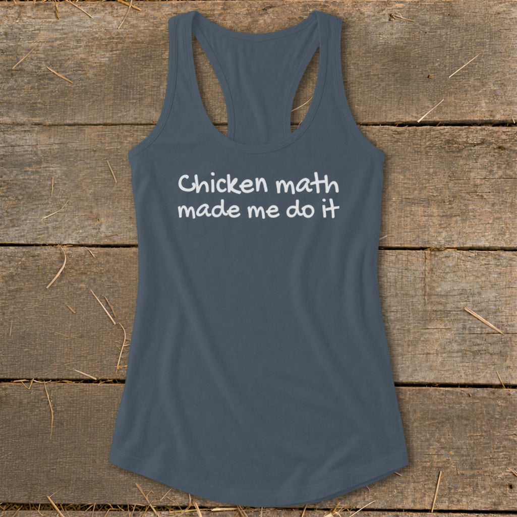 Grey racerback tank top with white text reading "Chicken math made me do it."