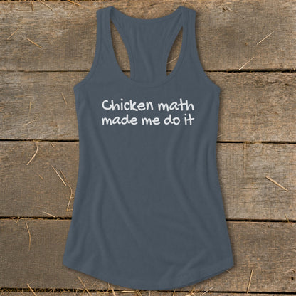 Grey racerback tank top with white text reading "Chicken math made me do it."