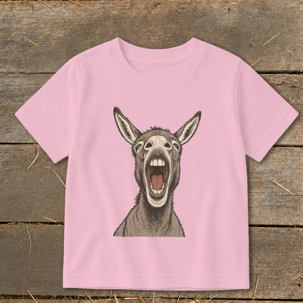 Pink t-shirt with a drawing of a donkey with its mouth wide open.