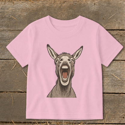 Pink t-shirt with a drawing of a donkey with its mouth wide open.