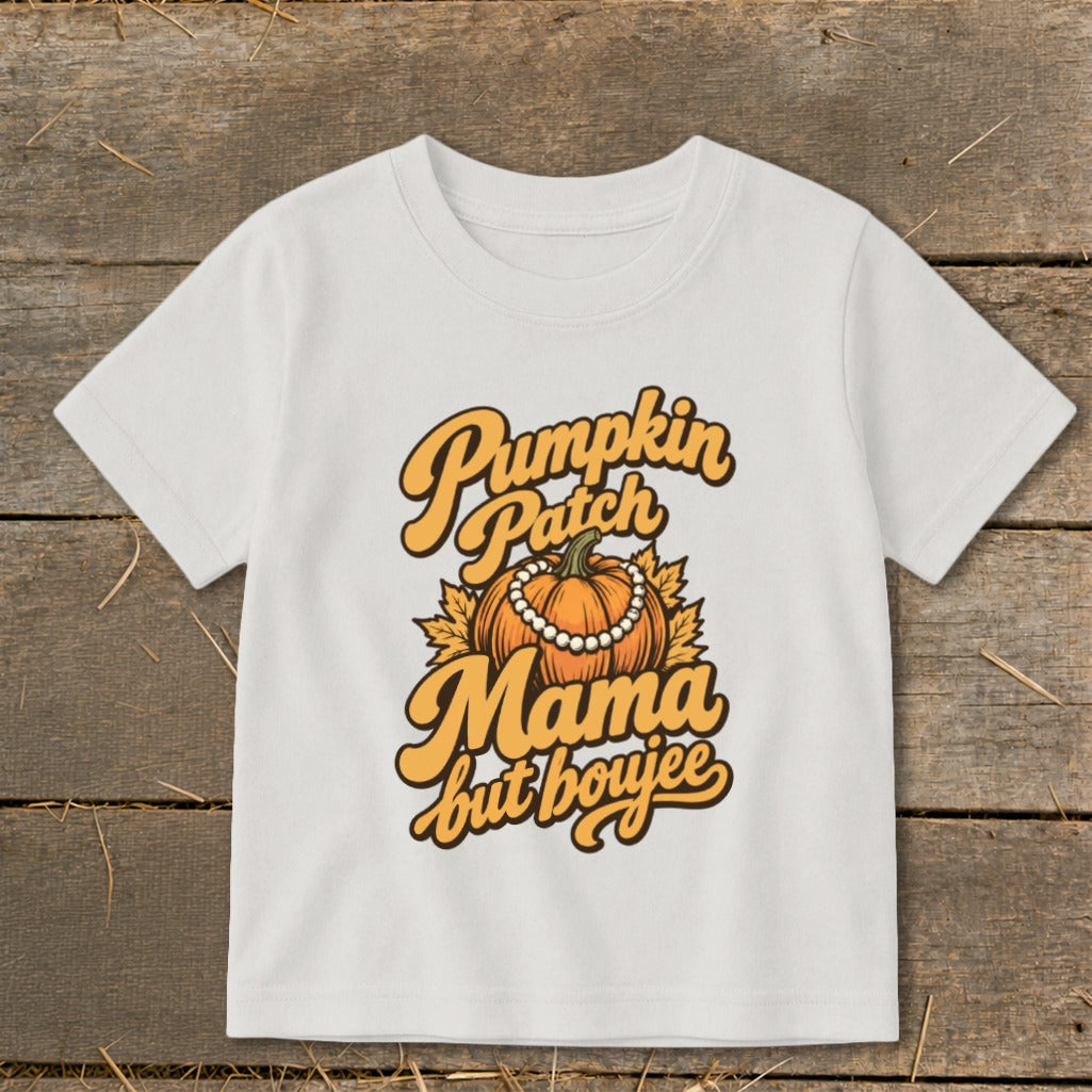 White t-shirt with "Pumpkin Patch Mama but boujee" text and a pumpkin graphic.