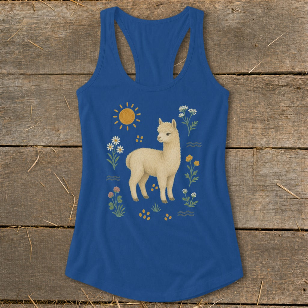 Royal blue tank top with a cream-colored alpaca and floral illustration.