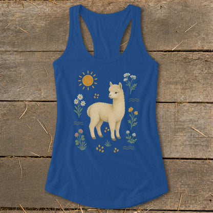 Royal blue tank top with a cream-colored alpaca and floral illustration.