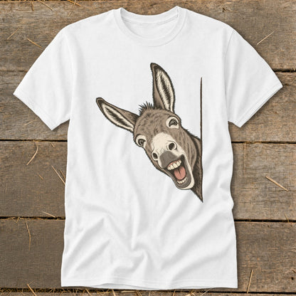 White t-shirt with a cartoon donkey peeking around a corner with a wide smile.