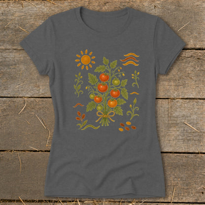 Dark grey t-shirt with a colorful illustration of a tomato plant and sun.
