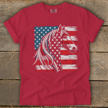 Red t-shirt with a horse head superimposed on the American flag design.