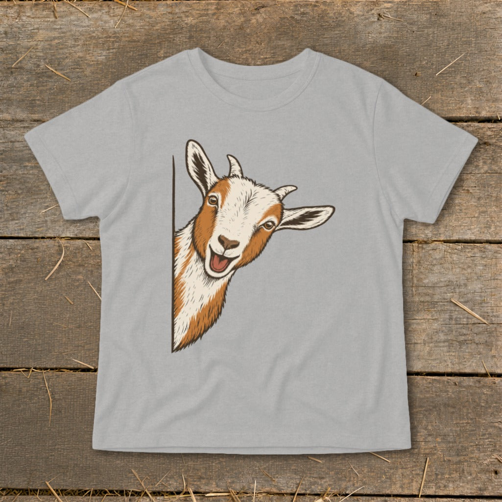 Grey t-shirt with a cartoon drawing of a smiling goat peeking from the side.