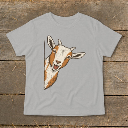 Grey t-shirt with a cartoon drawing of a smiling goat peeking from the side.