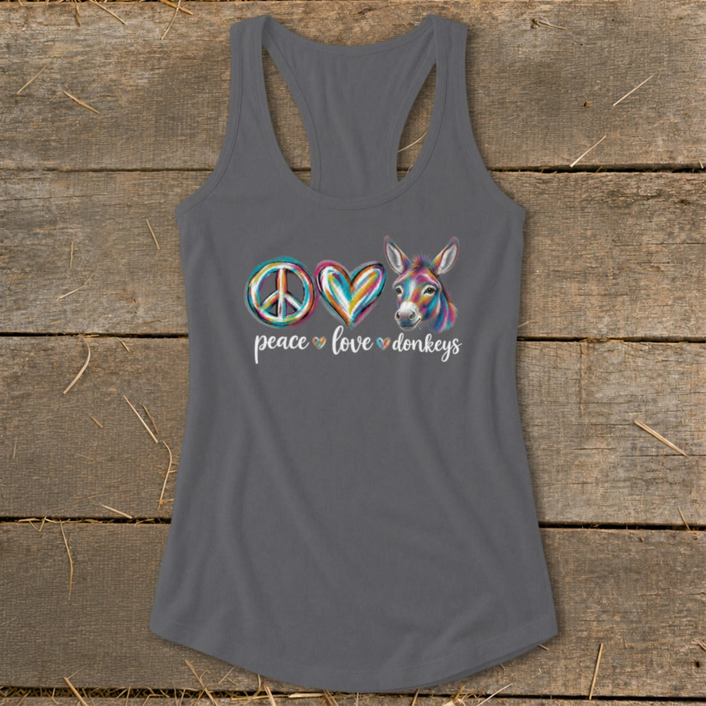 Gray tank top with peace, heart, and donkey design with text "peace love donkeys".