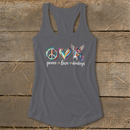 Gray tank top with peace, heart, and donkey design with text "peace love donkeys".