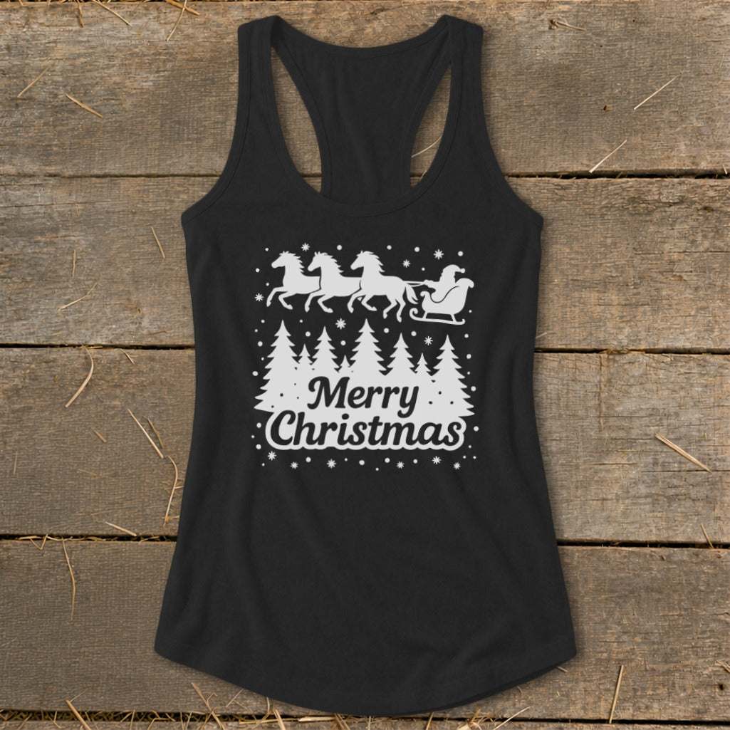 Black racerback tank top with white Christmas design featuring horses, Santa's sleigh, trees, and text.