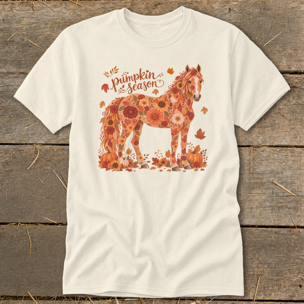 Cream t-shirt with floral horse design and "pumpkin season" text.