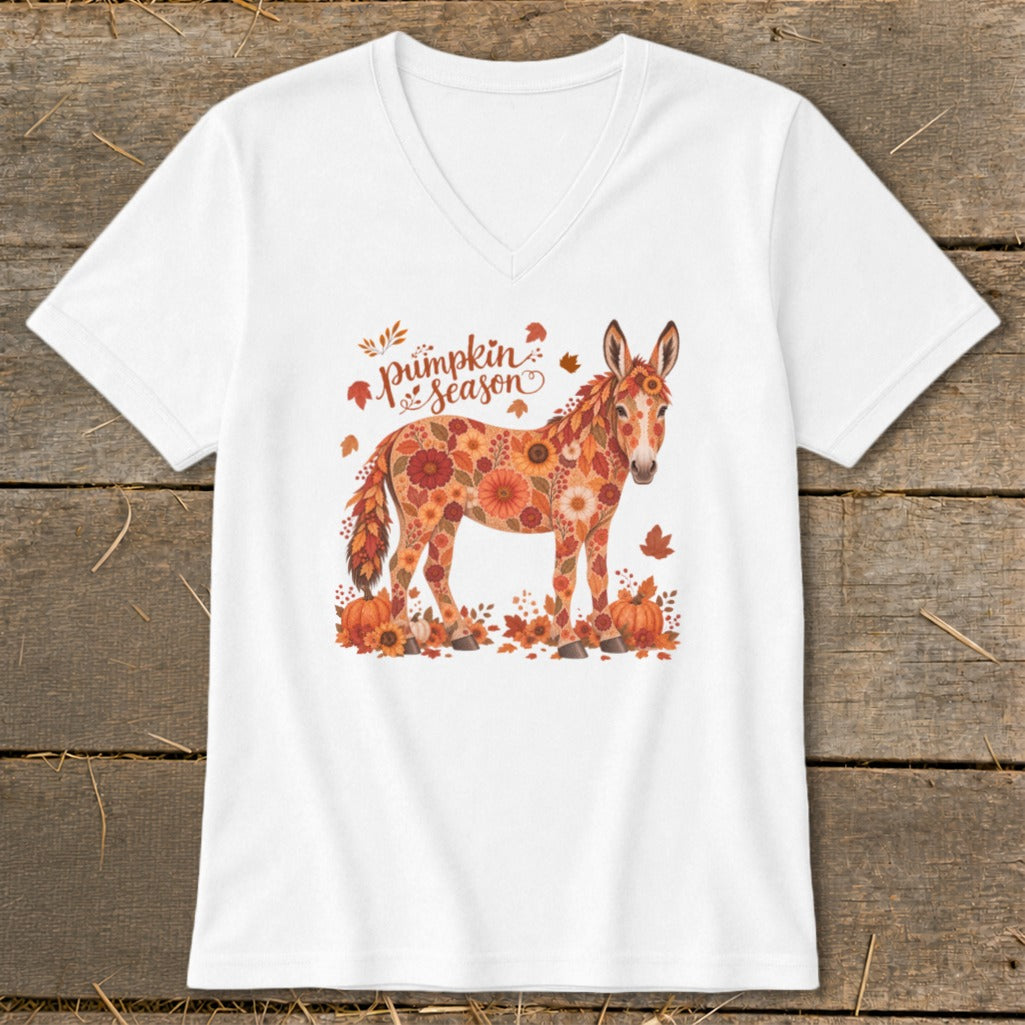 White t-shirt with floral donkey and "Pumpkin Season" text.