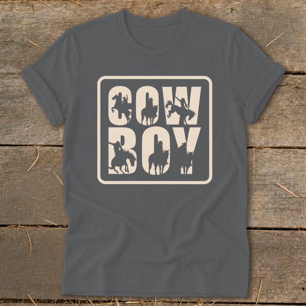 Dark grey t-shirt with "Cowboy" text and cowboy silhouettes on horseback.