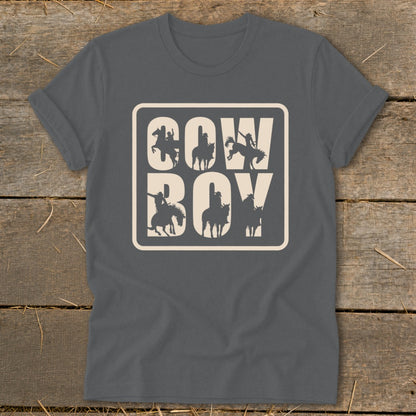Dark grey t-shirt with "Cowboy" text and cowboy silhouettes on horseback.