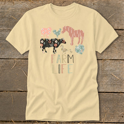 Cream t-shirt with floral farm animals and "FARM LIFE" text.
