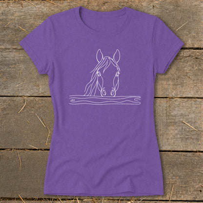 Purple t-shirt with white line drawing of a horse's head emerging from water.