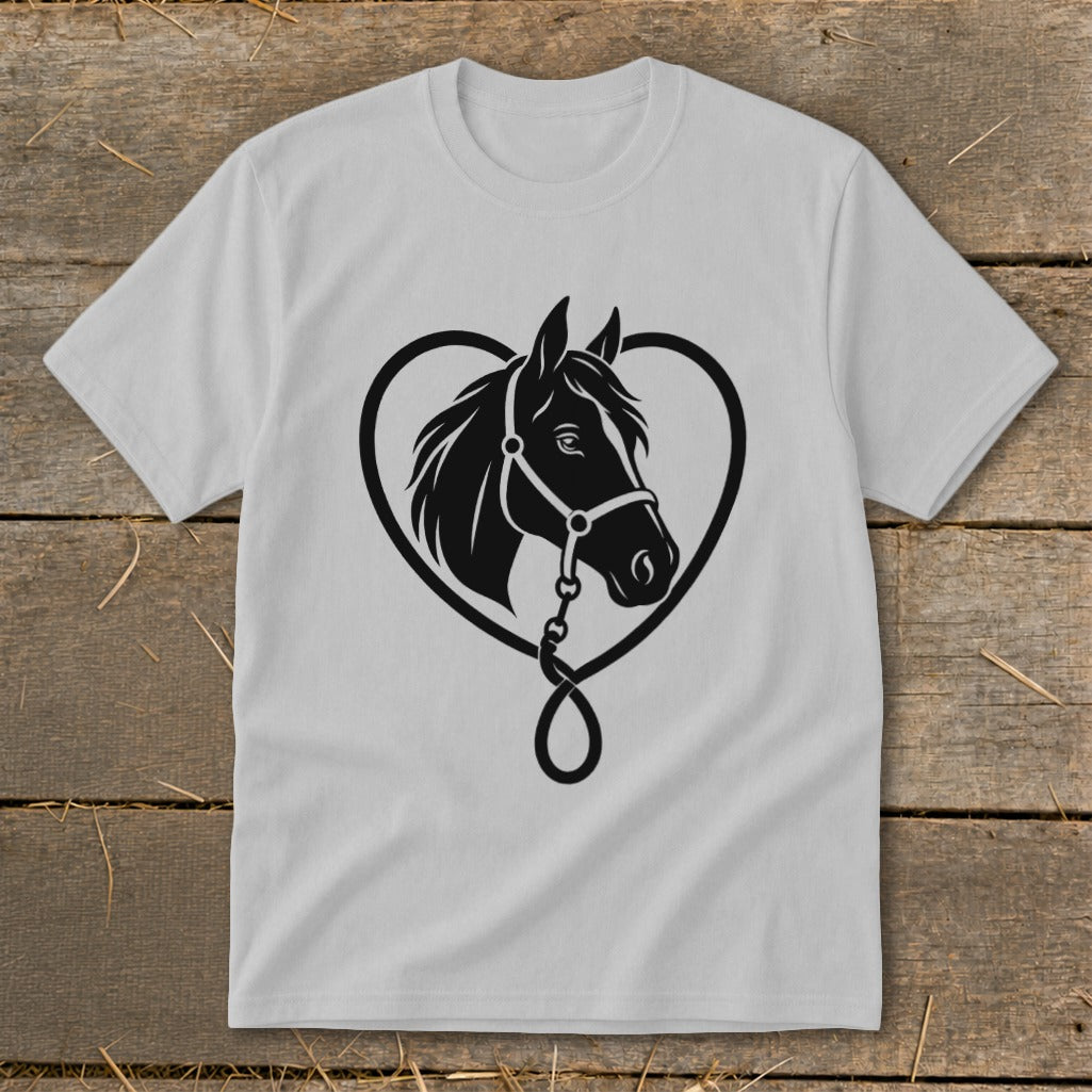 A light grey t-shirt featuring a black graphic of a horse head framed by a heart.