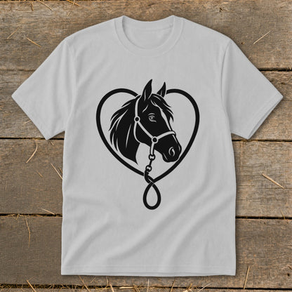 A light grey t-shirt featuring a black graphic of a horse head framed by a heart.