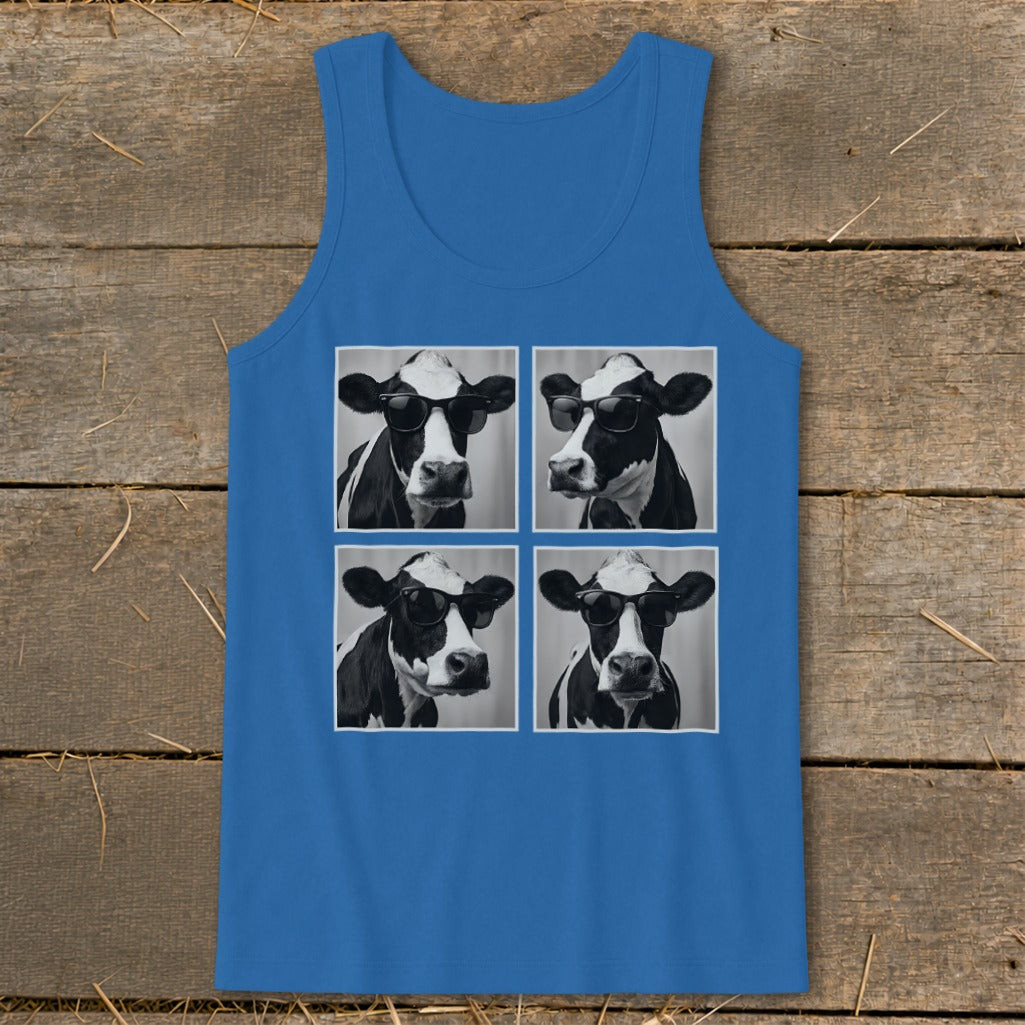 Blue tank top with a four-panel print of cows wearing sunglasses.
