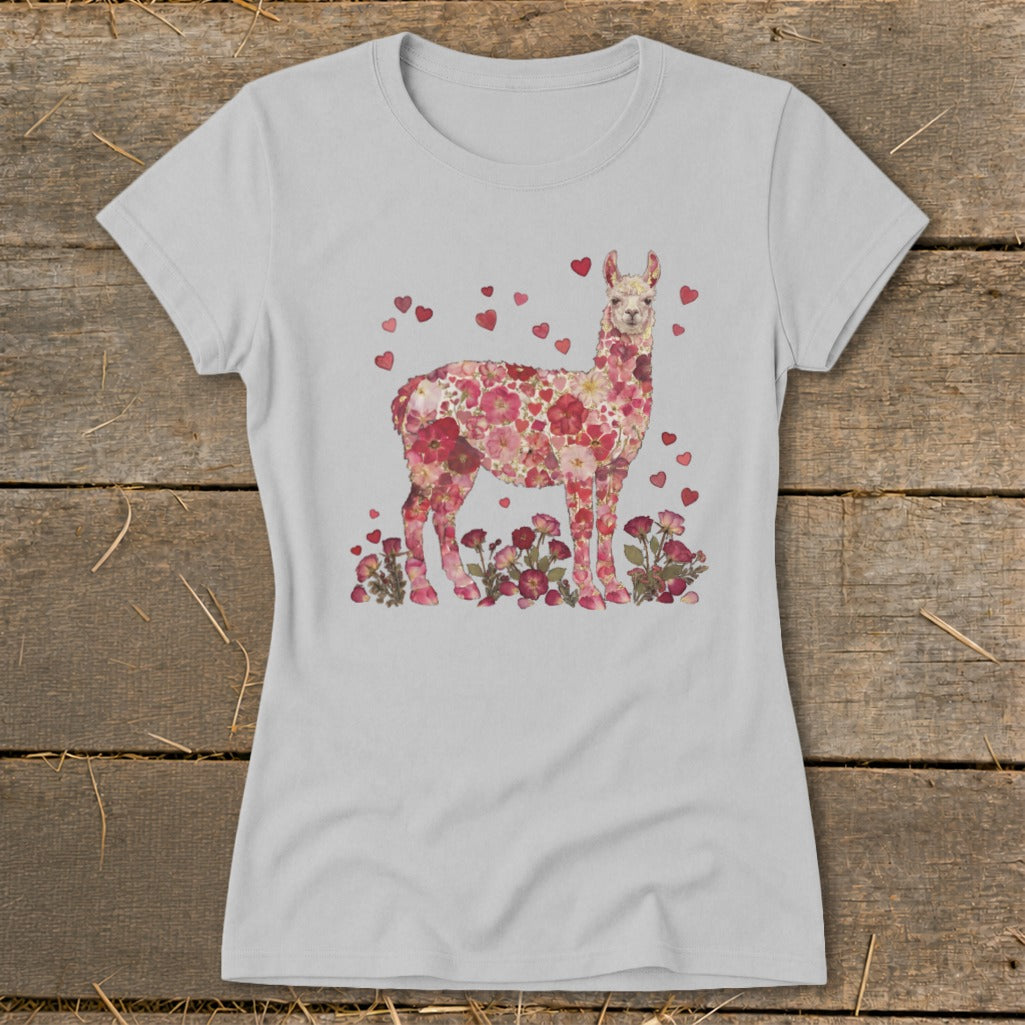 Light gray t-shirt with a llama illustration made of pink flowers and hearts.