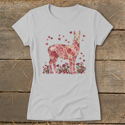 Light gray t-shirt with a llama illustration made of pink flowers and hearts.