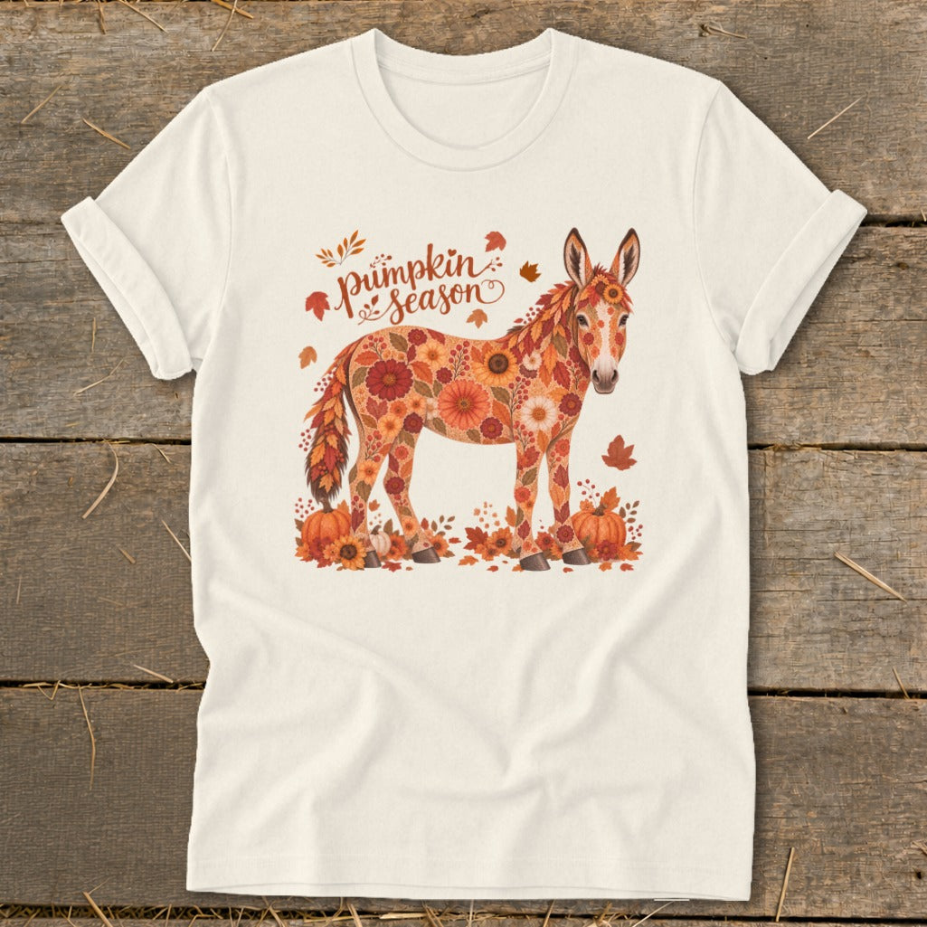 Cream t-shirt with a floral donkey and "Pumpkin Season" text.