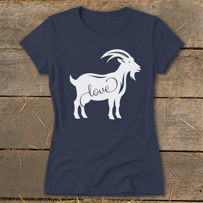 Navy t-shirt with white silhouette of a goat with the word "love" inside.