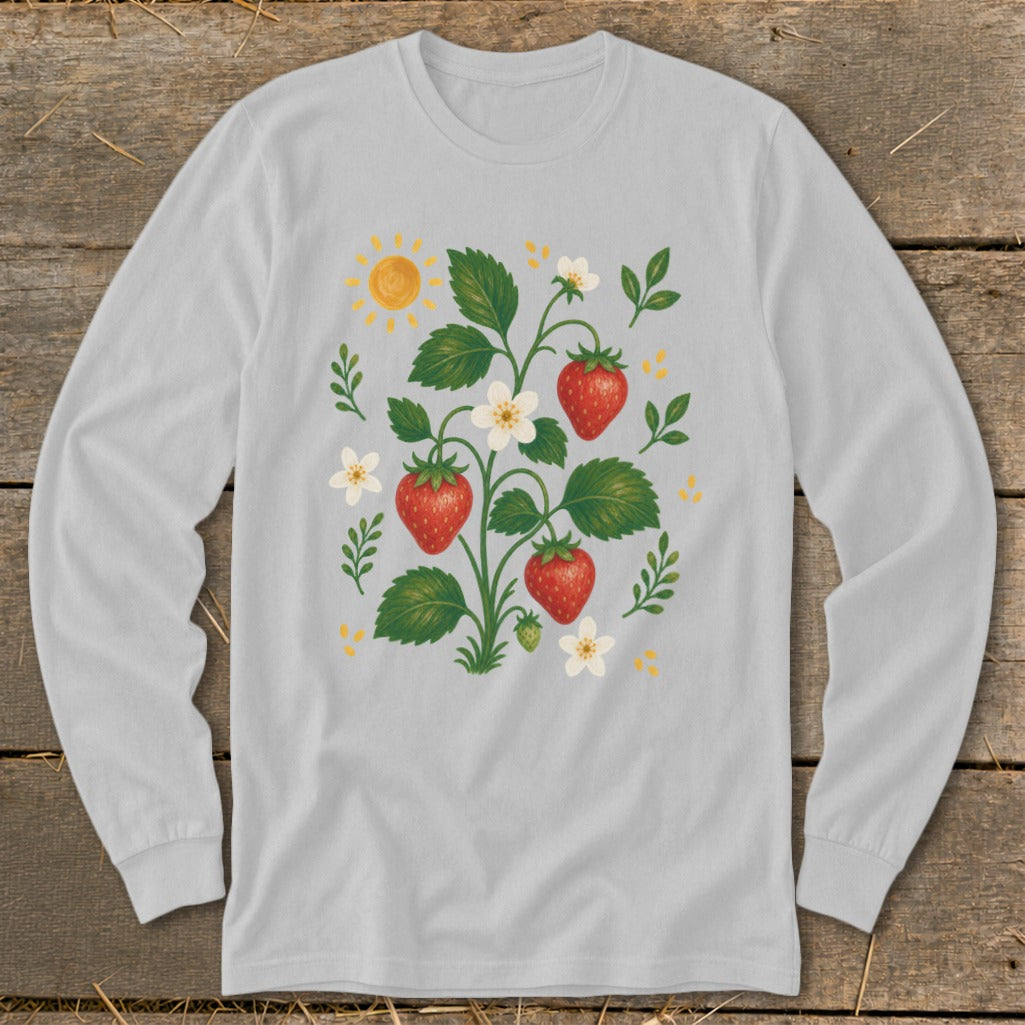 Light grey long-sleeve shirt with a whimsical strawberry plant and sun graphic.