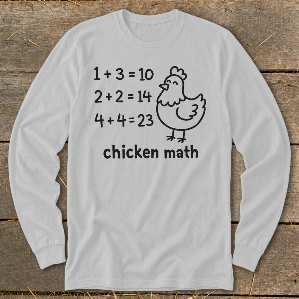 White long-sleeve shirt with math equations and "chicken math" text and a chicken graphic.