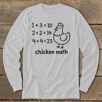 White long-sleeve shirt with math equations and "chicken math" text and a chicken graphic.