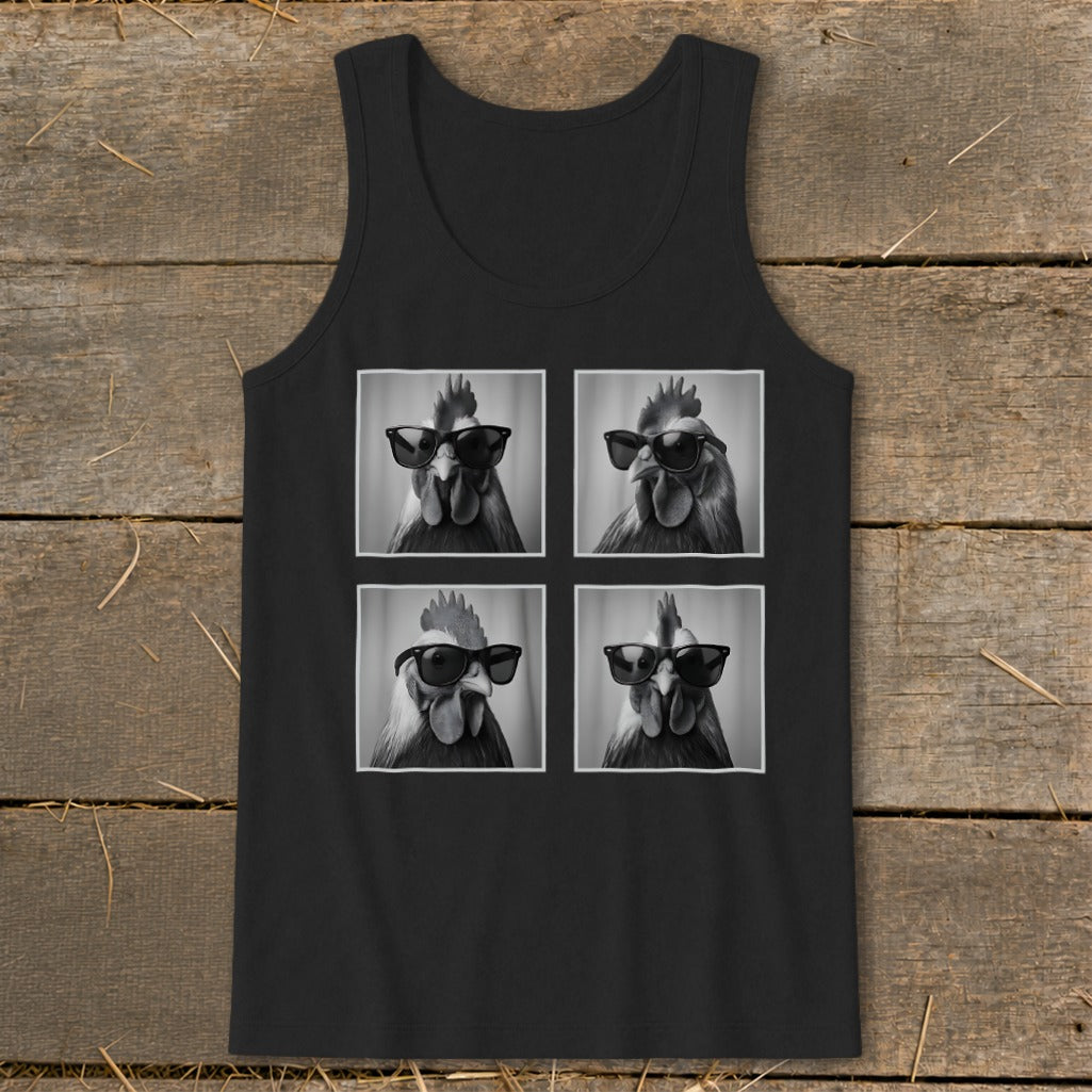 Black tank top with four black and white portraits of roosters wearing sunglasses.