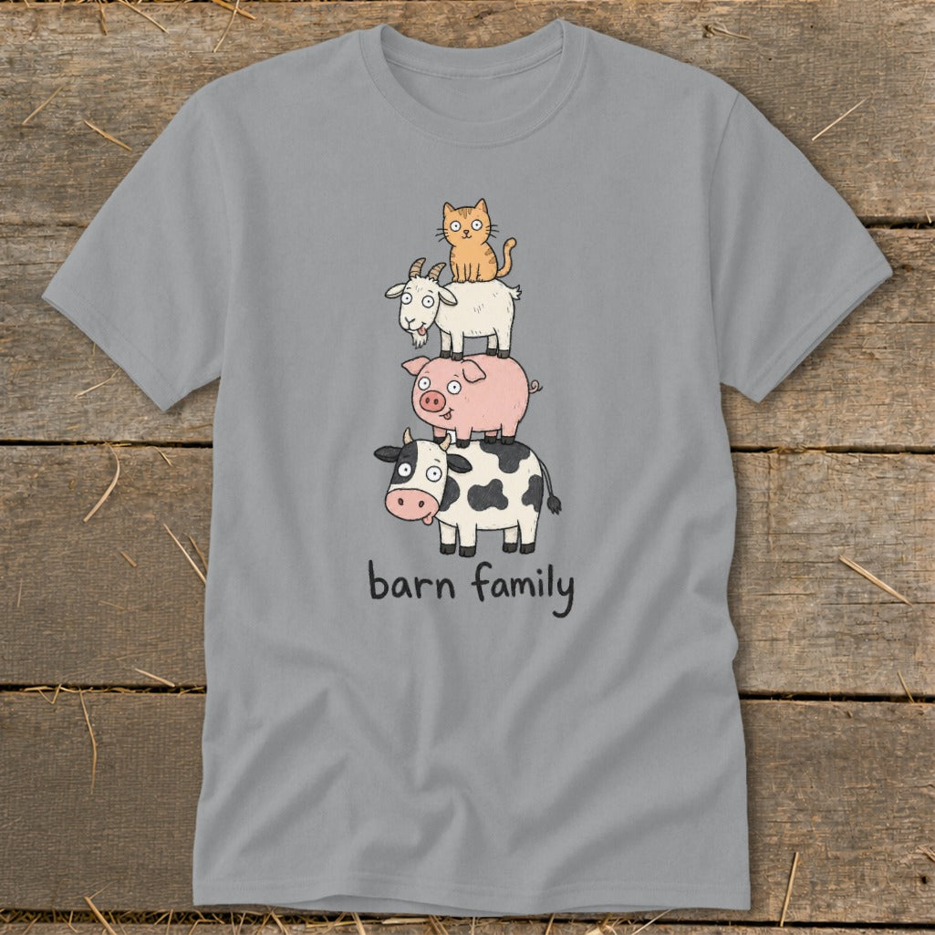 Grey t-shirt with cartoon cow, pig, goat, and cat stack, reads "barn family".