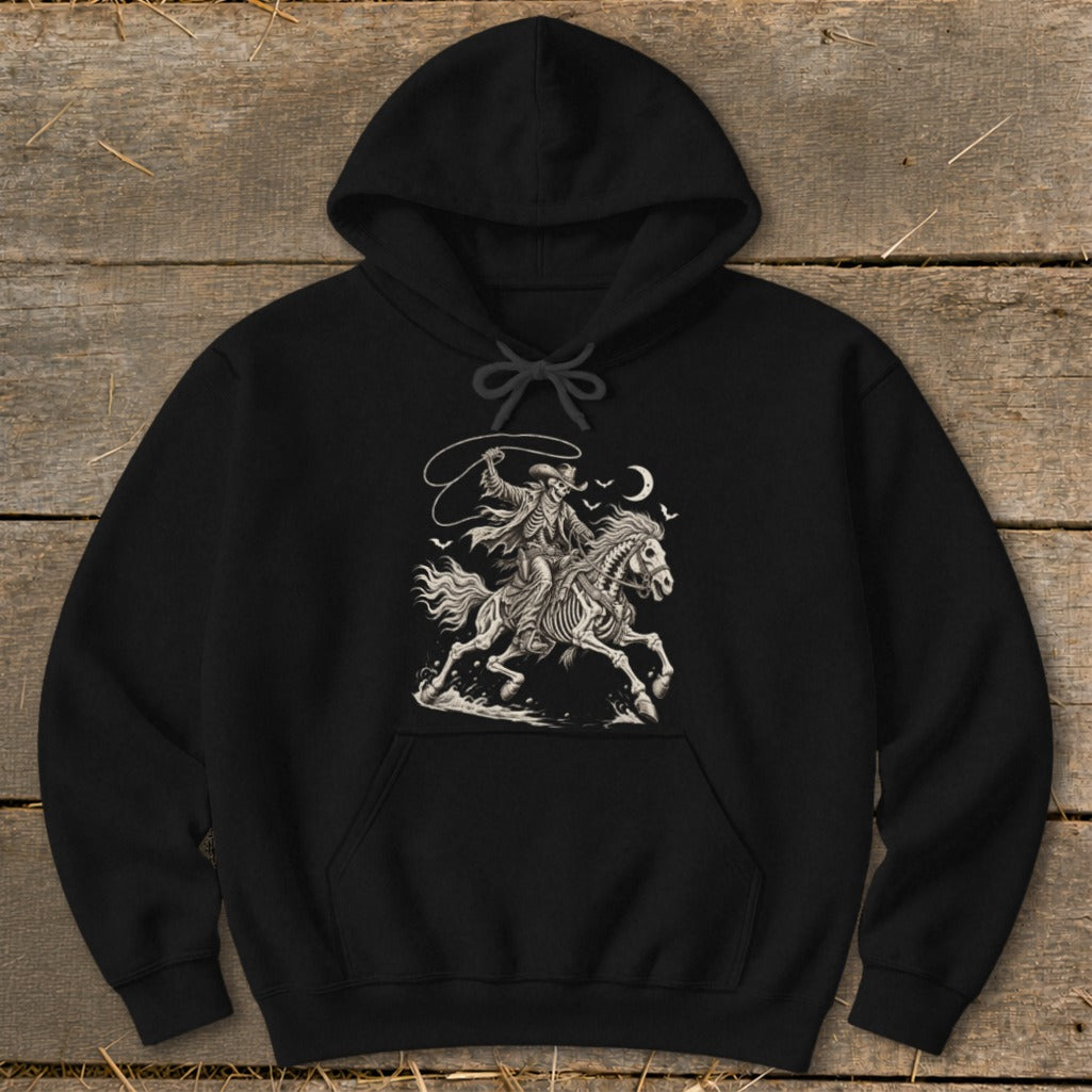Black hoodie with skeleton cowboy riding a skeleton horse under a crescent moon.